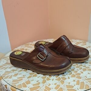 Women’s Brown Leather Slip-On Clogs with Buckle Accent